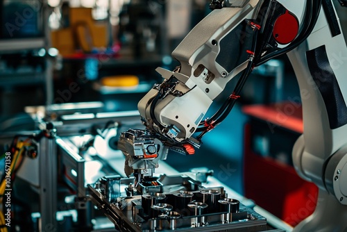 A cutting-edge assembly line features robots meticulously assembling components with state-of-the-art technology and engineering excellence.