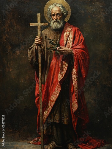 Saint Andrew is depicted in traditional robes, clutching a cross that represents enduring faith and historical legacy.