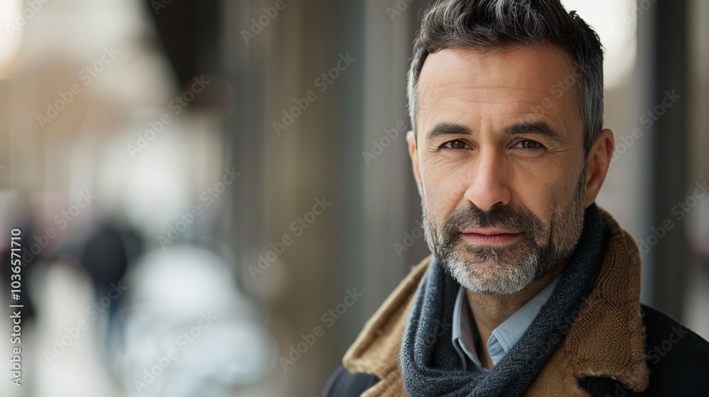 Portrait of a Mature Man with Beard in Urban Setting, Wearing Stylish Winter Clothing, Looking Confident and Thoughtful Outdoors Portrait of a Mature Man with Beard in Urban Setting, Wearing Stylish Winter Clothing, Looking Confident and Thoughtful Outdoors