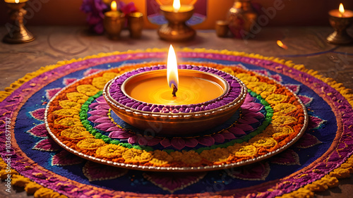 Celebrate Diwali: Festival of Lights with Diya Lamps, Colorful Rangoli, and Bright Floral Decorations – Greetings for the Hindu Festival of Deepavali