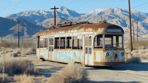 An abandoned, rusty white and blue tram in the desert with mountains in the background. Train carriage wrecked in a deserted landscape.