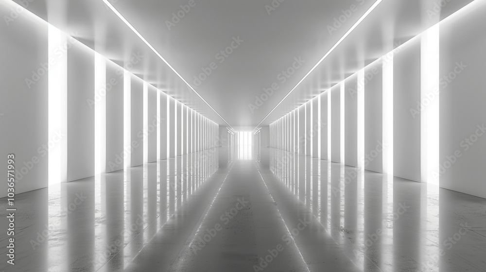 Minimalist futuristic white hallway with reflective floor and illuminated walls Minimalist futuristic white hallway with reflective floor and illuminated walls