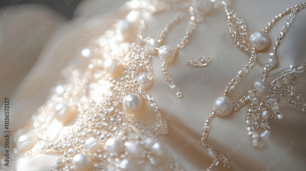 Close-up of a Pearl and Silver Beaded Necklace on Fabric Close-up of a Pearl and Silver Beaded Necklace on Fabric