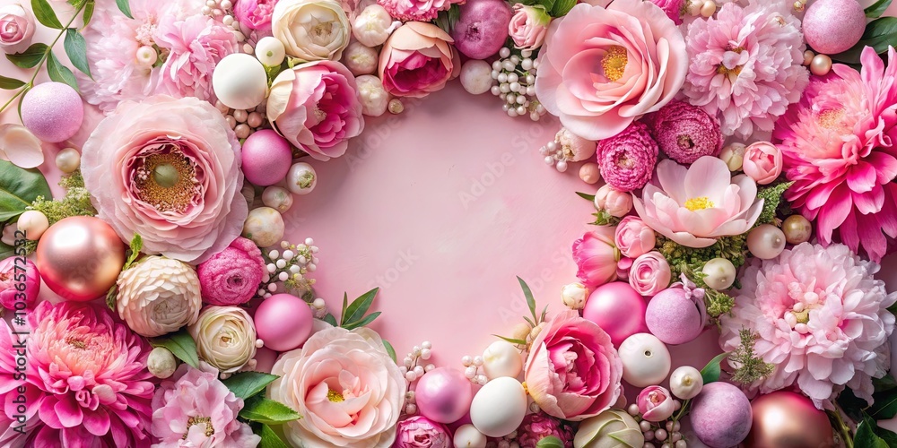 A symphony of pink and white blossoms adorned with delicate pearls, forming a vibrant and elegant circular arrangement. A symphony of pink and white blossoms adorned with delicate pearls, forming a vibrant and elegant circular arrangement.