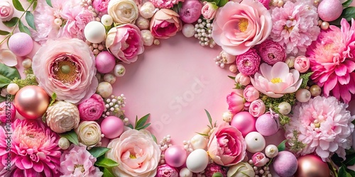 A symphony of pink and white blossoms adorned with delicate pearls, forming a vibrant and elegant circular arrangement.