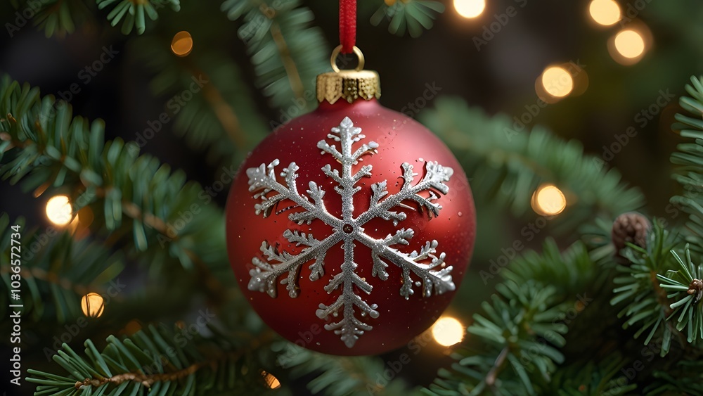 A Christmas tree adorned with a red ornament in the shape of a snowflake. A Christmas tree adorned with a red ornament in the shape of a snowflake.