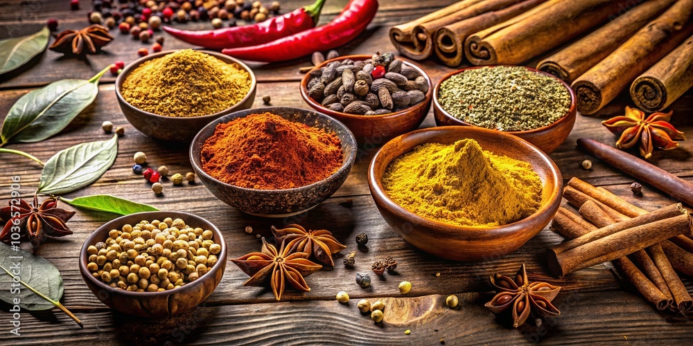 Aromatic Spice Medley Cinnamon Sticks, Star Anise, Peppercorns, Chili Peppers, and Various Ground Spices in Rustic Bowls on a Wooden Surface