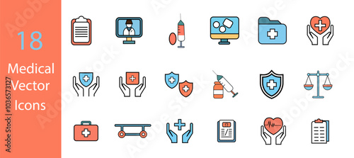 Medical and Healthcare web icons in color style. Medicine, dentistry, pharmacy, lab, scientific discovery. Vector illustration.