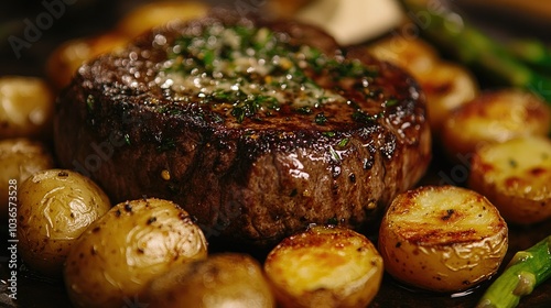 Plated filet mignon topped with herb butter, served alongside roasted baby potatoes and sautÃ©ed asparagus for a fine dining experience