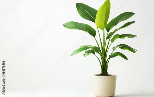 A lush potted banana plant with a sturdy pot, isolated on a white background for a fresh and clean presentation 