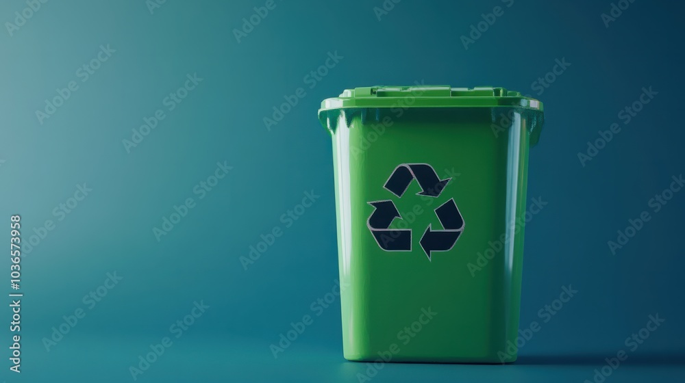Isolated on a blue background, an eco-friendly recycling container made of green plastic with text space, Generative AI. Isolated on a blue background, an eco-friendly recycling container made of green plastic with text space, Generative AI.