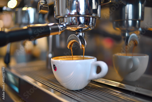 Espresso machine pours fresh black coffee closeup. Coffee extraction from a professional coffee machine with a bottomless filter. 