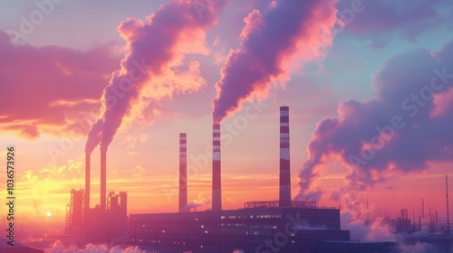 Industrial smokestacks emitting pollution at sunset, environmental impact, air pollution and climate change, industrial landscape with vibrant sky.