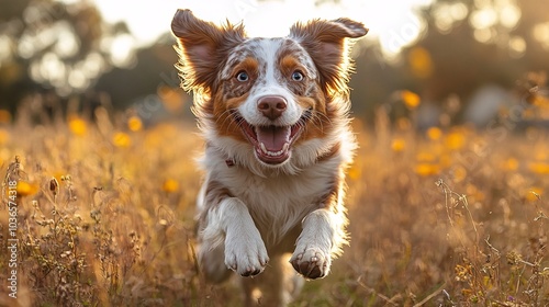 Joyful Dog Jumping in Field with Family