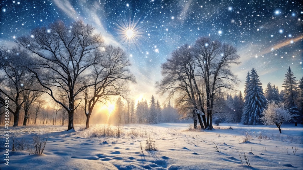 A winter wonderland scene with snow-covered trees and a bright, starry sky. The sun shines through the clouds, casting long shadows on the pristine white snow. A winter wonderland scene with snow-covered trees and a bright, starry sky. The sun shines through the clouds, casting long shadows on the pristine white snow.