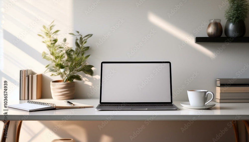 A minimalist home office with clean lines, featuring a laptop, a notebook, and a cup of tea. A minimalist home office with clean lines, featuring a laptop, a notebook, and a cup of tea.