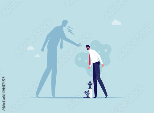 Anger or stress psychology concept, self criticism, negative critic thinking to blame yourself, guilt or depression to rant or inner anxiety, depressed businessman self shadow blame with megaphone photo