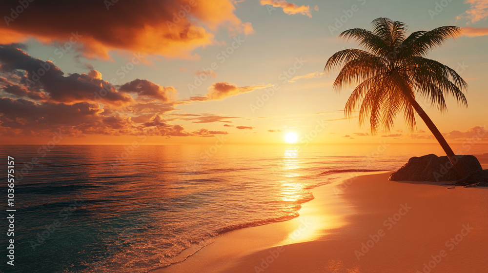 Island palm tree sea sand beach of a sunset reflecting on the calm ocean, framed by swaying palm trees along the beach. Island palm tree sea sand beach of a sunset reflecting on the calm ocean, framed by swaying palm trees along the beach.