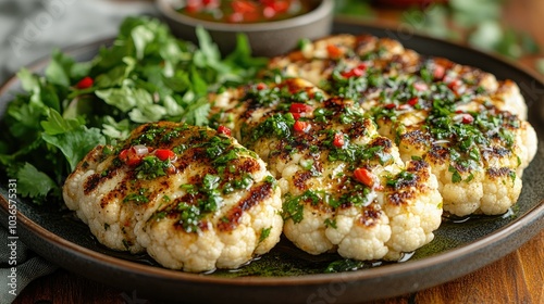 Roasted cauliflower steaks drizzled with chimichurri sauce, served on a ceramic plate with a side of mixed greens