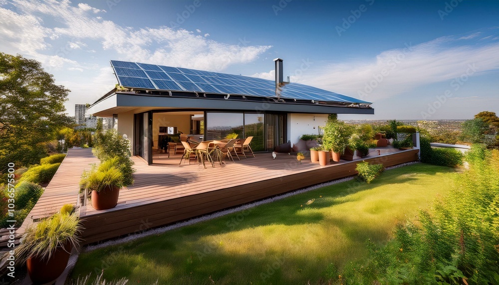 Modern eco-friendly house with a rooftop garden and solar panels, showcasing sustainable living and green architecture. Modern eco-friendly house with a rooftop garden and solar panels, showcasing sustainable living and green architecture.