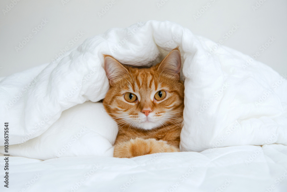 Naklejka premium A playful cat peeking from under a fluffy blanket in a cozy room during the day