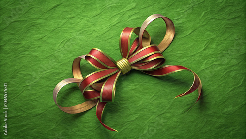 Title: Red and gold ribbon bow on textured green background