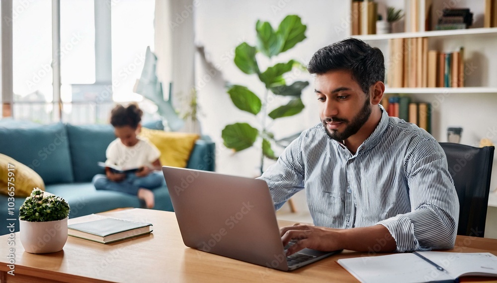 Parent balancing remote work with childcare, working at a desk while their child plays in the background, creating a family-friendly home office setup. Parent balancing remote work with childcare, working at a desk while their child plays in the background, creating a family-friendly home office setup.