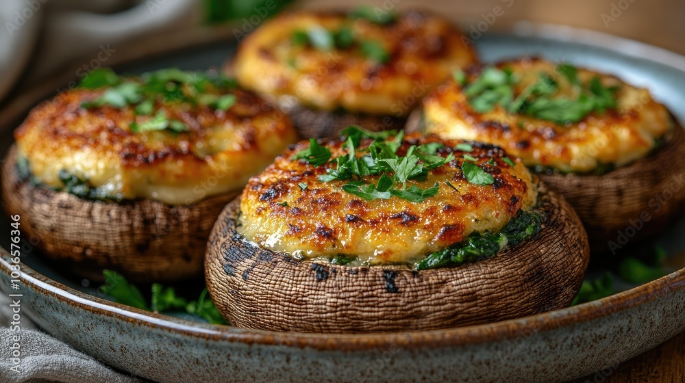 Spinach and cheese stuffed mushrooms baked to golden perfection, garnished with chopped parsley and served on a ceramic disH Spinach and cheese stuffed mushrooms baked to golden perfection, garnished with chopped parsley and served on a ceramic disH