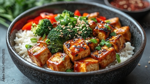 Spicy tofu stir-fry with broccoli, bell peppers, and carrots, served over a bed of jasmine rice with a sprinkle of sesame seeds and chopped scallions