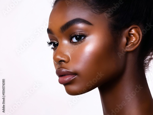 A close up of a woman's face with dark skin tone