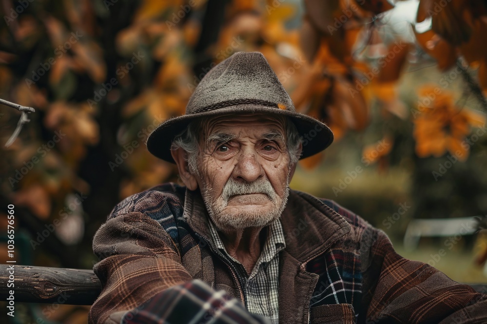 Elderly Man in Plaid Jacket and Hat Sitting Outdoors in Autumnal Setting with Leaves Elderly Man in Plaid Jacket and Hat Sitting Outdoors in Autumnal Setting with Leaves