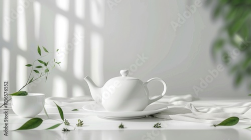 White Teapot and Leaves