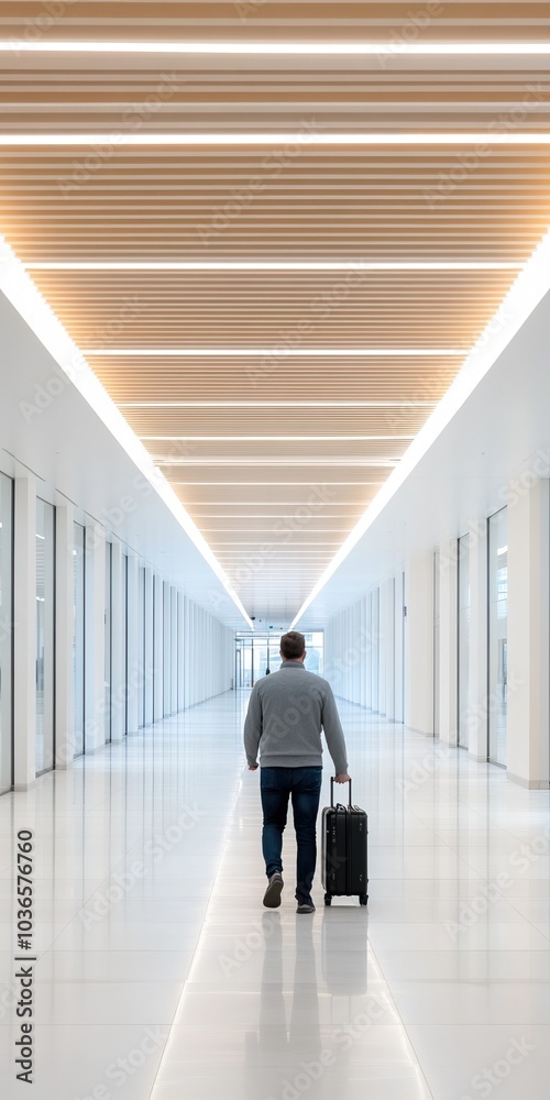 Fototapeta premium A traveler walking with a suitcase down a modern, spacious hall with bright lighting.