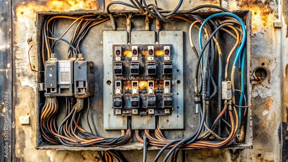 Worn and weathered electrical panel with a complex network of wires and ...