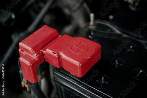 Red plus sign on car battery terminal inside engine compartment