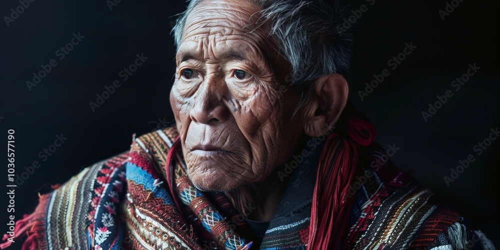 Elderly Man in Traditional Colorful Attire with Thoughtful Expression Against Dark Background Elderly Man in Traditional Colorful Attire with Thoughtful Expression Against Dark Background