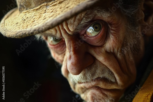 Elderly Man in a Hat: Grumpy Character Study with Exaggerated Wrinkles and Moody Lighting for a Satirical Twist