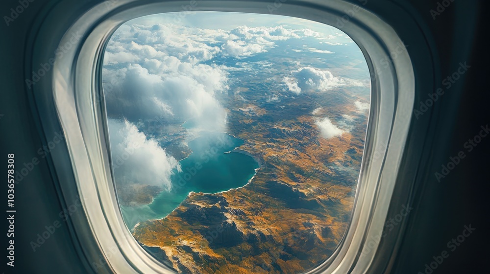 Oil painting depicting a stunning landscape viewed through an aircraft window showcasing a picturesque natural scene Oil painting depicting a stunning landscape viewed through an aircraft window showcasing a picturesque natural scene