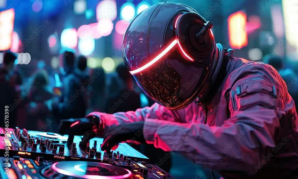 A DJ wearing a futuristic helmet performs at a vibrant event.