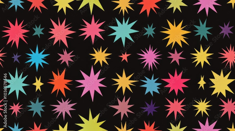 Colorful Star Seamless Pattern on Black in Scandinavian Style
