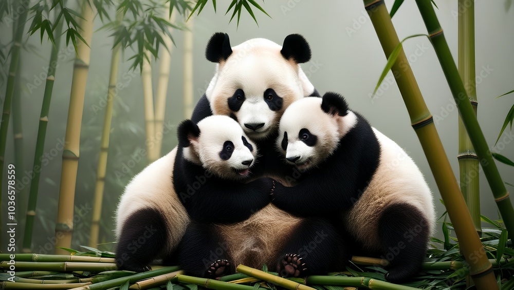 Naklejka premium Beautiful panda hugging her cubs
