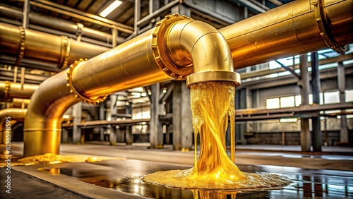 Gold slime oozing out of a pipe in a industrial setting, metal pipes, industrial equipment, chemical plant