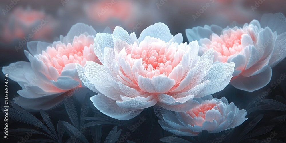 Obraz premium Close-up view of delicate white and pink peonies in bloom, Close up of blooming white and pink peonies