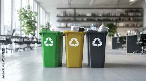 Three separate recycling bins labeled for plastic, paper, and glass in an eco-conscious office environment. photo