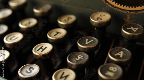 A detailed shot of a vintage typewriter's keys, focusing on the letters and the wear on the keys.