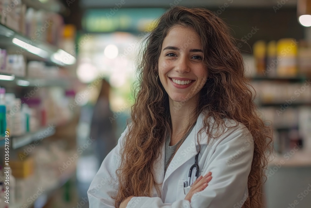 Happy female pharmacist standing in a drug store, Generative AI