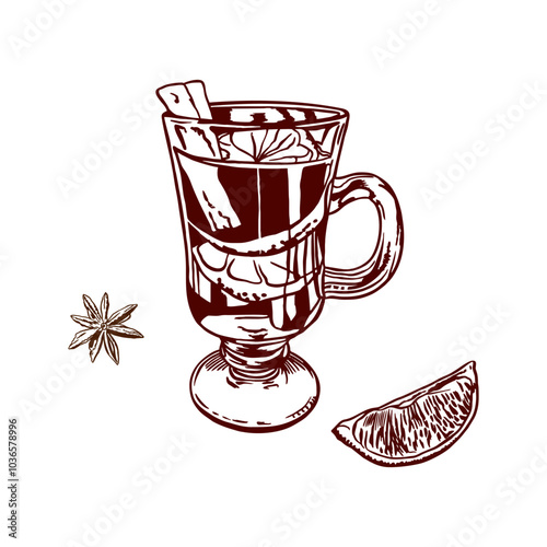 Mulled wine with cinnamon, lemon wedge, star anise. Vector illustration in graphic style. For Christmas invitations, cards, posters, banners, labels.