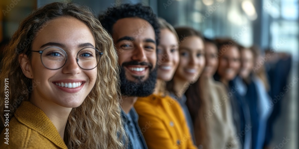 Group of happy businesspeople smiling while waiting in line, Generative AI