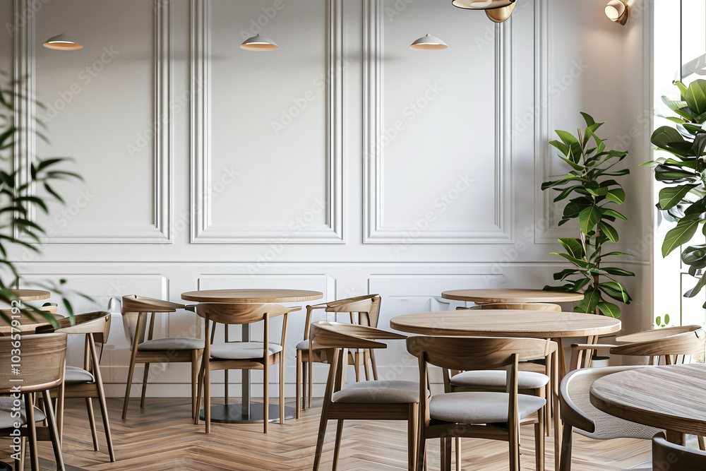 Modern white coffee shop interior with wooden tables and chairs. Minimalist café interior with simple, elegant furniture Modern white coffee shop interior with wooden tables and chairs. Minimalist café interior with simple, elegant furniture
