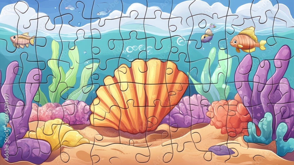 Children s game featuring a sea shell puzzle piece in a 2D cartoon illustration depicting marine life designed as a coloring page for early learners Children s game featuring a sea shell puzzle piece in a 2D cartoon illustration depicting marine life designed as a coloring page for early learners